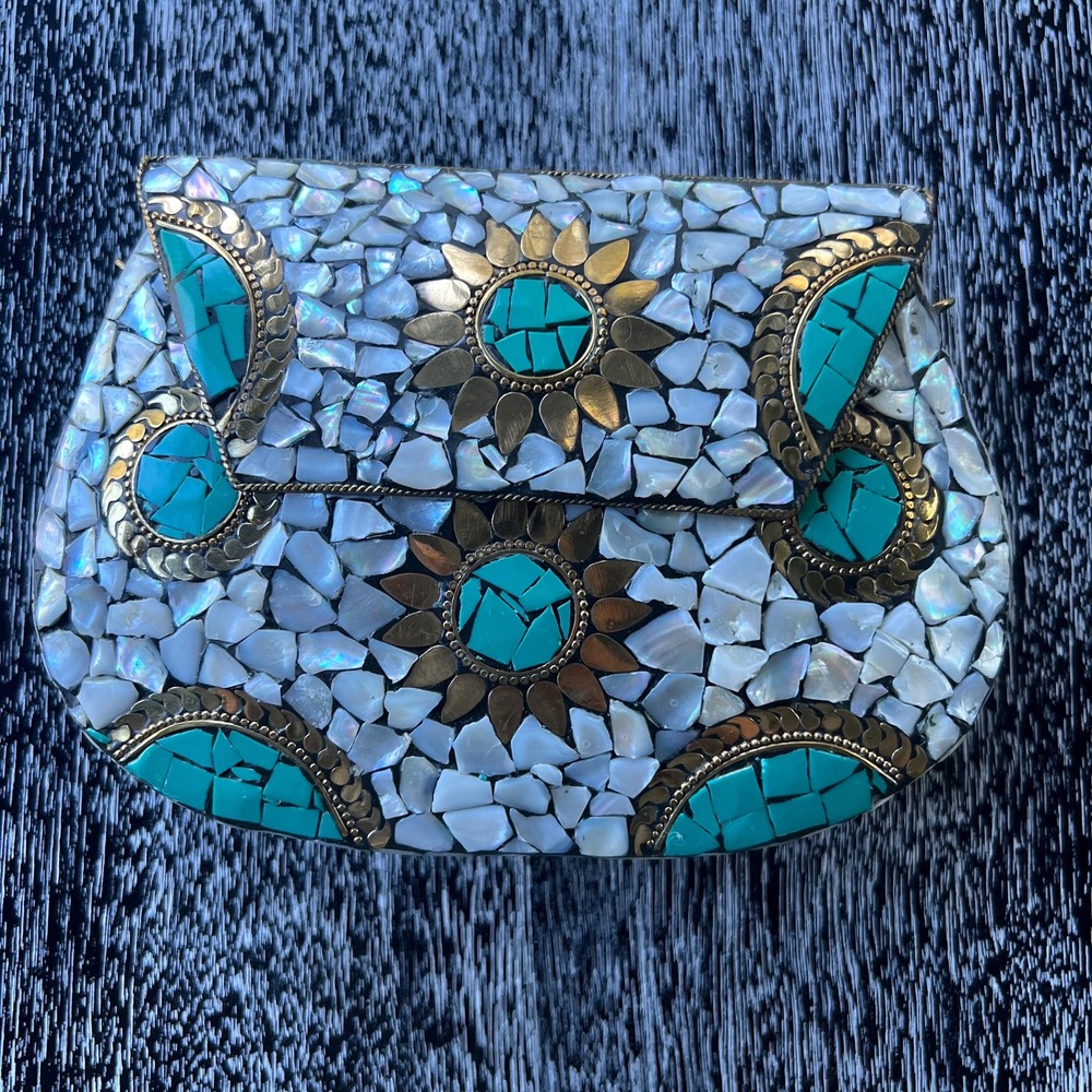 Mosaic stone and metal clutch purse